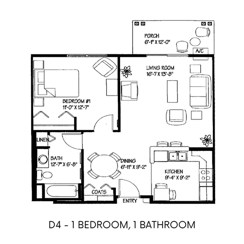 Floor plan for 1 bed, 1 bath, 735 sqft